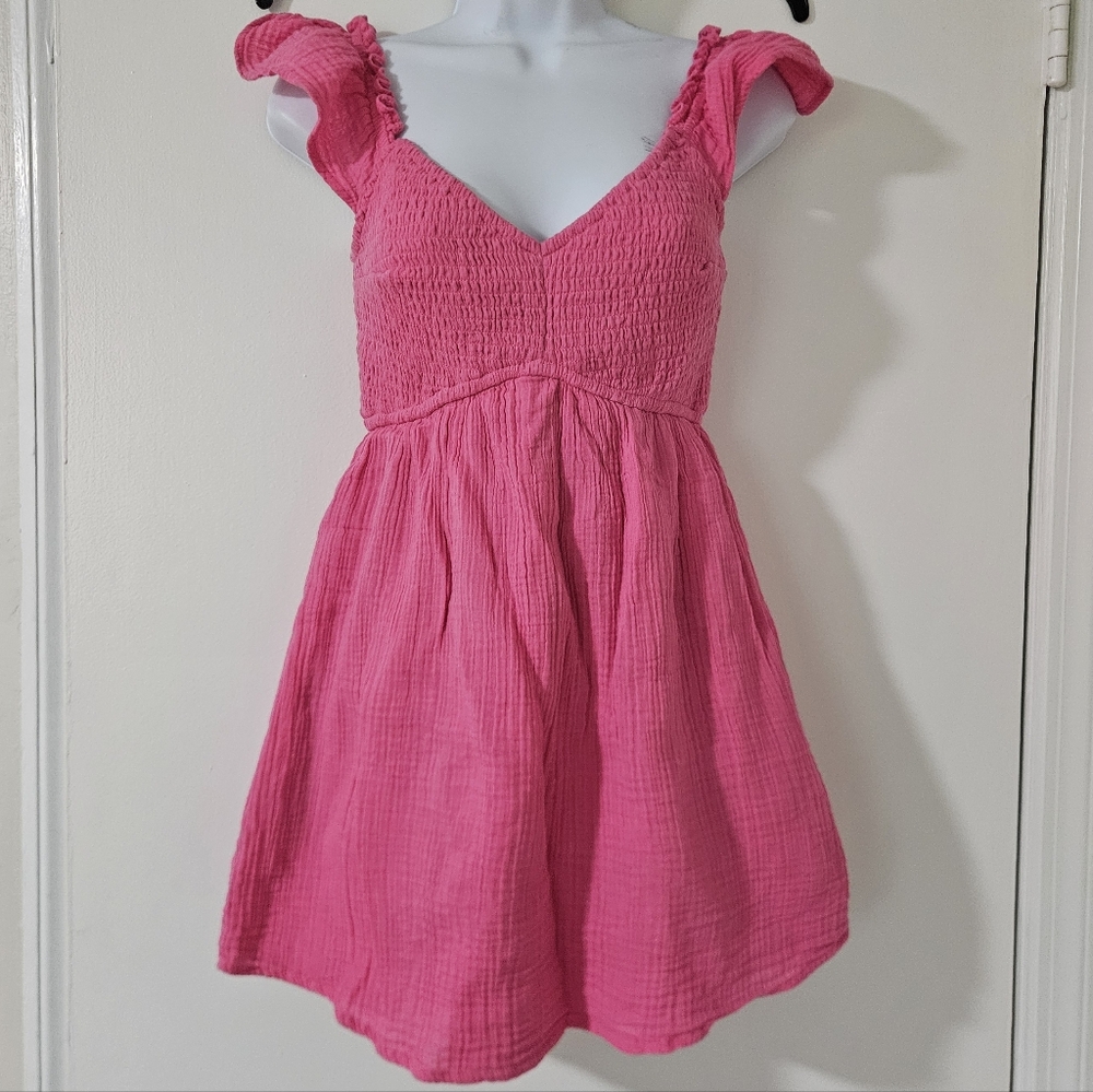 Hollister Womens Dress PS Y2K Mini Babydoll Gauze Pink Ruched Barbie Romper